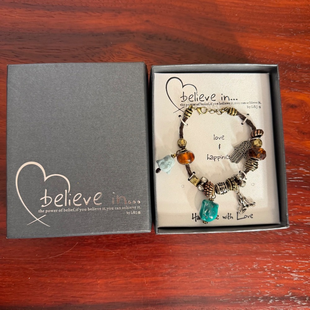 Believe in by L&J Charm Bracelet Hamsa Buddha Yoga Spiritual Braided Brown New
